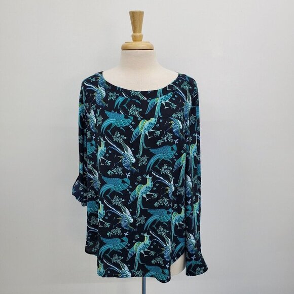 Ann Taylor LOFT Womens Peacock Tunic Top Size L Blue Roll Tab Sleeve Birds - Picture 1 of 13